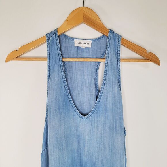 BELLA DAHL Blue Chambray Dress Size L Side-Stripe Racerback Flounce V-Neck - Picture 14 of 15
